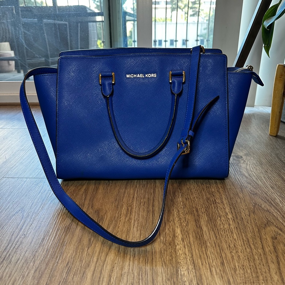 Michael Kors Selma Top Zip Blue Leather Satchel